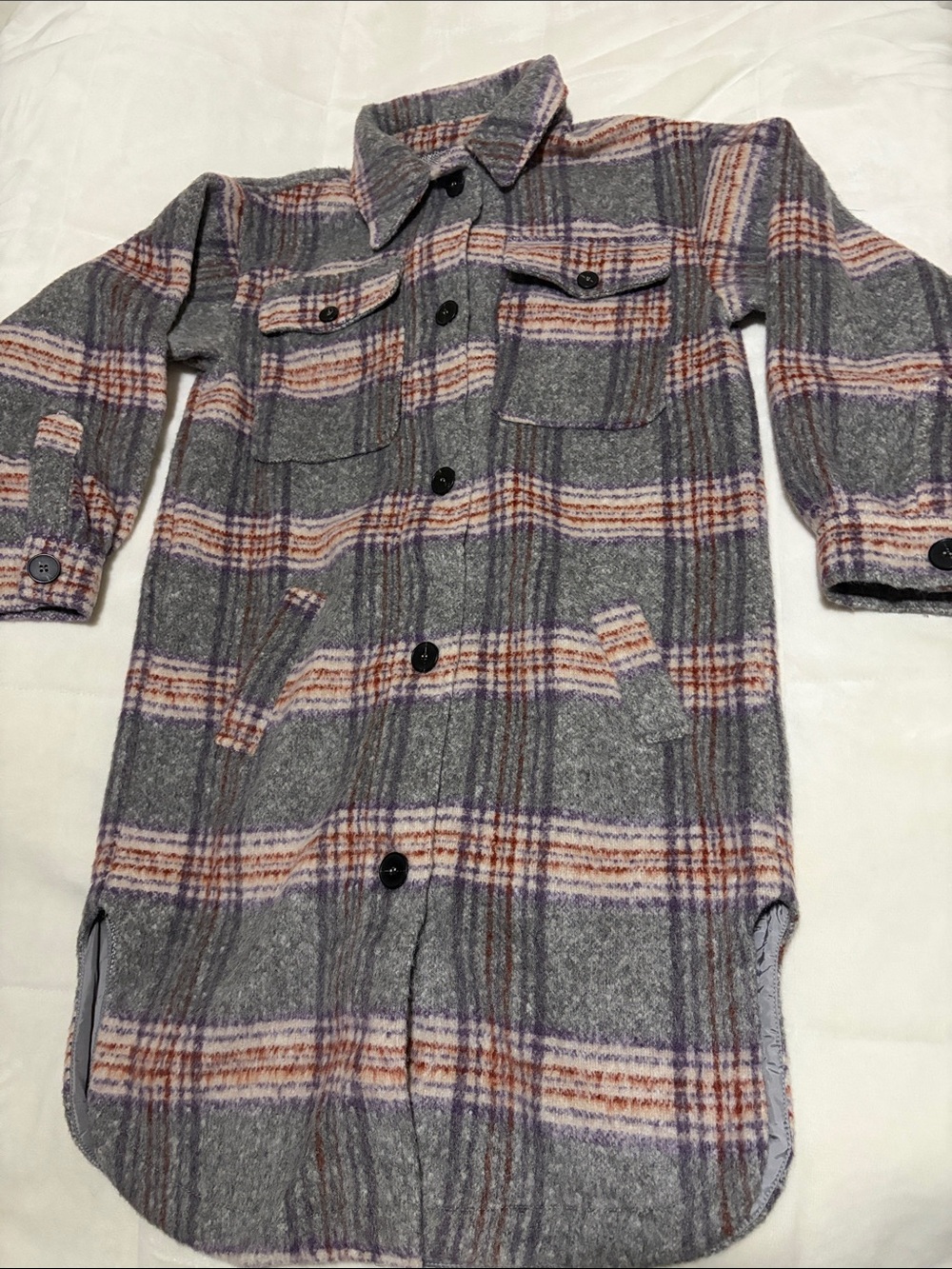 Gray Plaid Long Button-Up Shacket with Pink and Rust Stripes